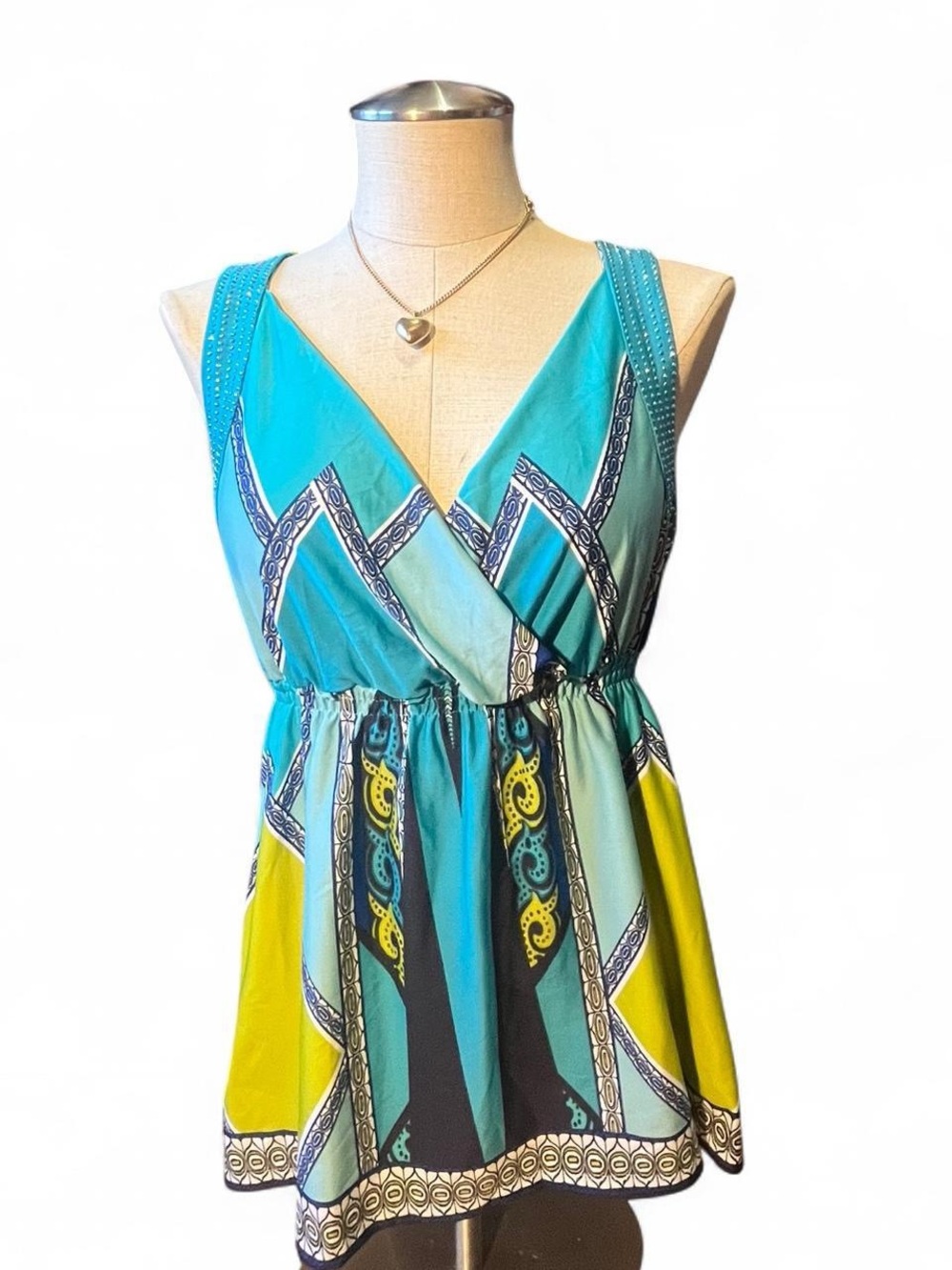 Vibrant Turquoise & Yellow Sleeveless Surplice tank top